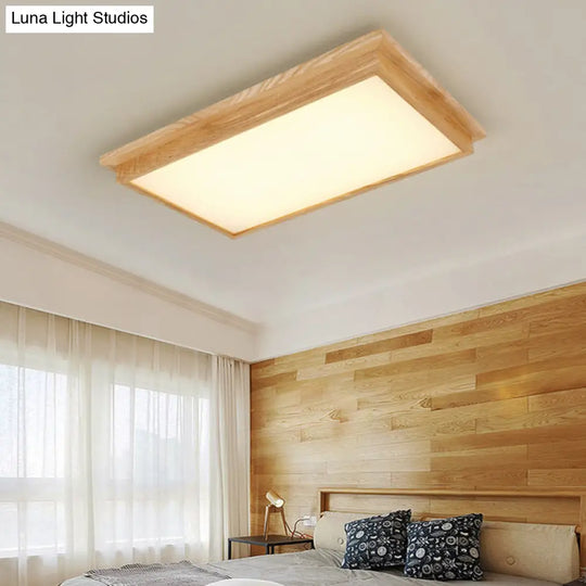 Minimalist Led Flush Mount Lighting With Ash Wood Design - Rectangle Living Room Ceiling Lamp