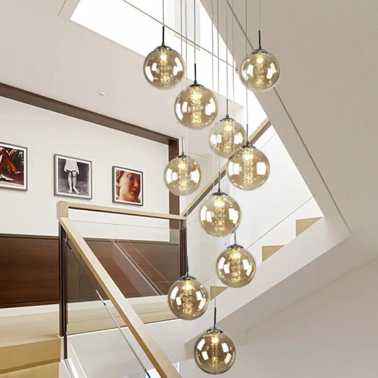 Minimalist Led Glass Pendant Light - Round Shaded Staircase Hanging Lighting 10 / Amber