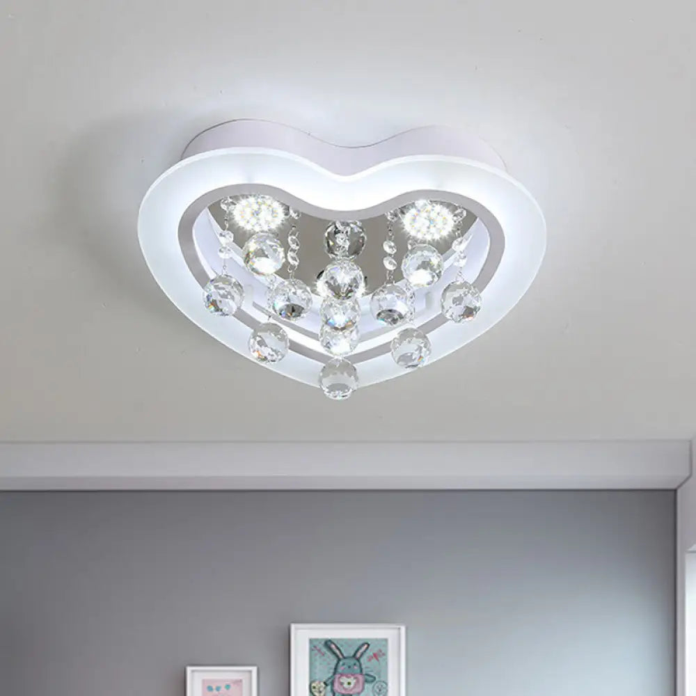 Minimalist Led Heart Ceiling Light In White With Crystal Orb - 16’/19.5’ Acrylic Flush Fixture