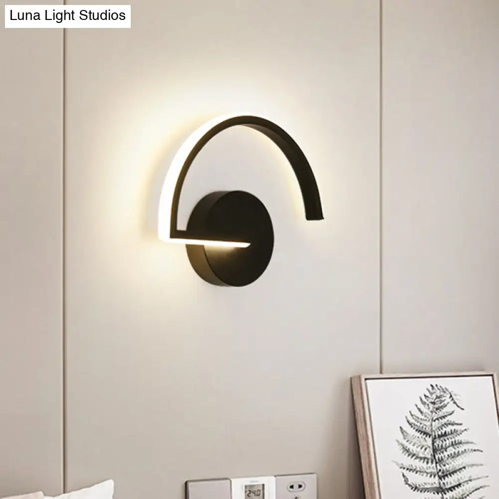 Minimalist Led Iron Wall Mount Sconce - Black Semicircle Light For Bedroom In Warm/White