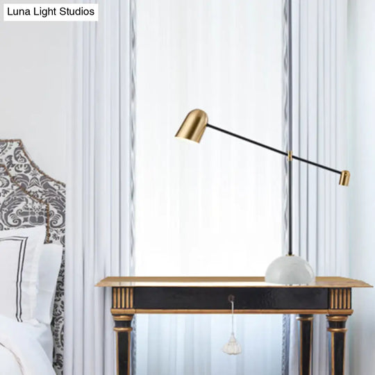 Minimalist Led Night Table Lamp With White Linear Arm Marble Base For Study Room