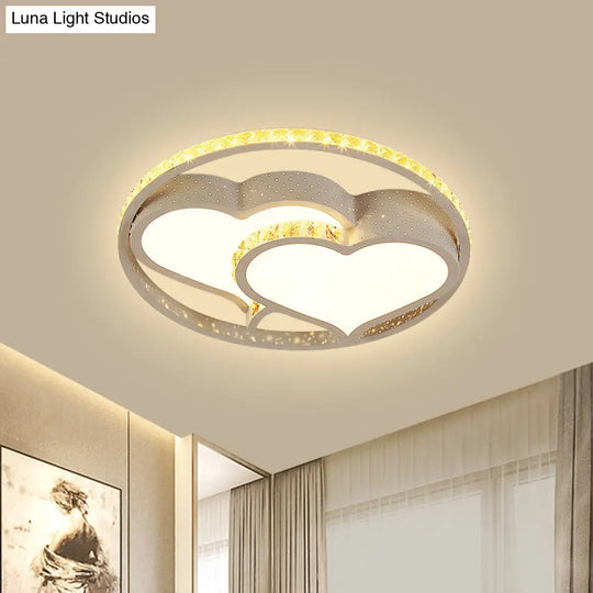 Minimalist Led Parlor Ceiling Light - White Flush Mount Lighting With Crystal Heart/Flower Shade /