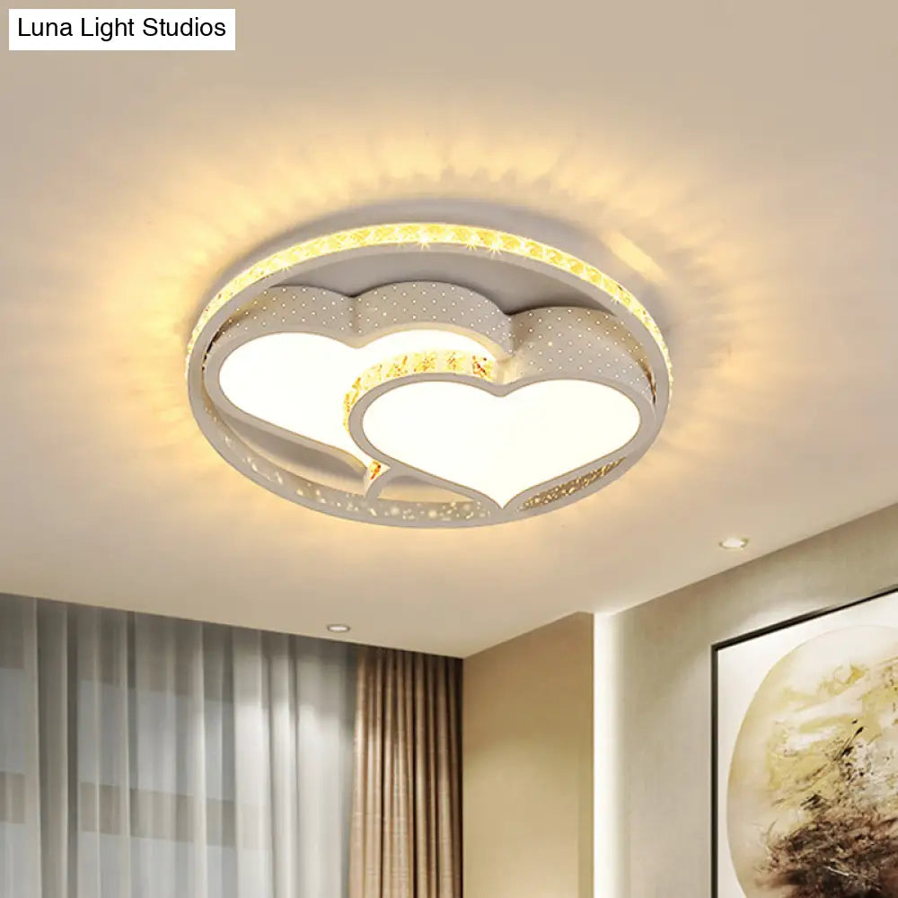 Minimalist Led Parlor Ceiling Light - White Flush Mount Lighting With Crystal Heart/Flower Shade