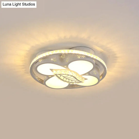 Minimalist Led Parlor Ceiling Light - White Flush Mount Lighting With Crystal Heart/Flower Shade