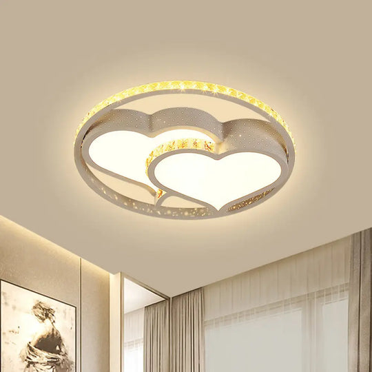 Minimalist Led Parlor Ceiling Light - White Flush Mount Lighting With Crystal Heart/Flower Shade /