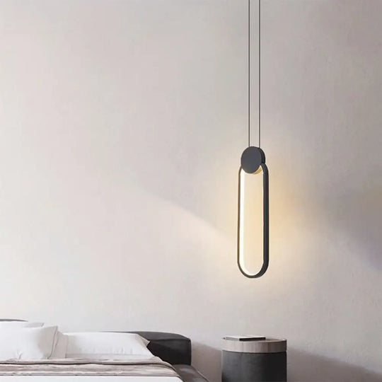 Minimalist Led Pendant Bedroom Lamps – Black Metal Ring Design / Warm Oval