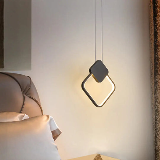 Minimalist Led Pendant Bedroom Lamps – Black Metal Ring Design / Warm Rhombus