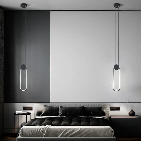 Minimalist Led Pendant Bedroom Lamps – Black Metal Ring Design / White Oval