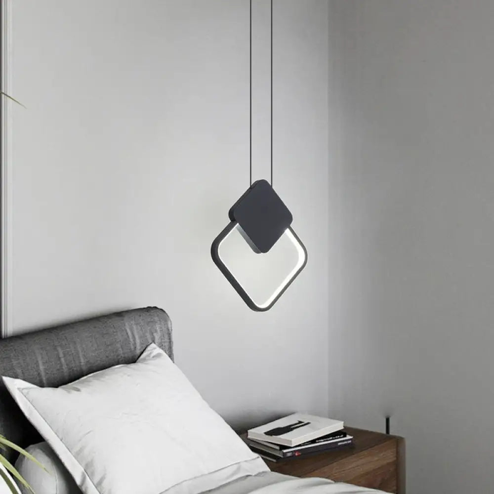 Minimalist Led Pendant Bedroom Lamps – Black Metal Ring Design / White Rhombus