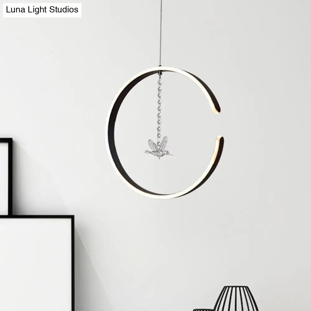 Minimalist Led Pendant Lamp: Acrylic Ring Ceiling Light With Bird Crystal Decor In White/Black