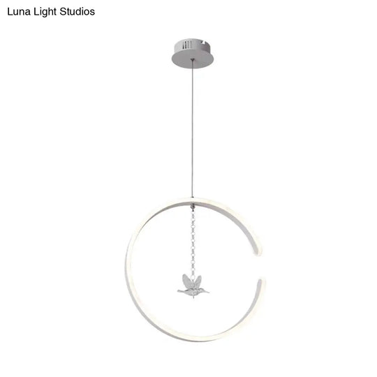 Minimalist Led Pendant Lamp: Acrylic Ring Ceiling Light With Bird Crystal Decor In White/Black