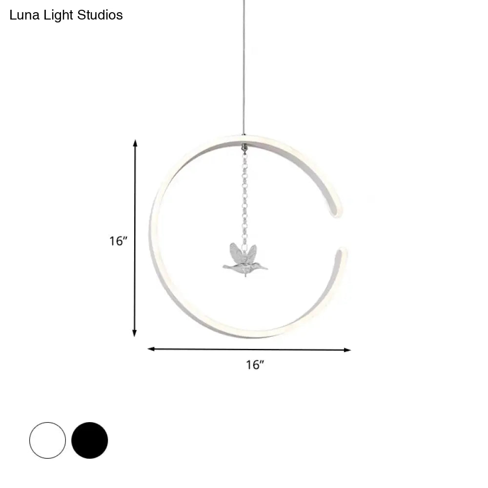 Minimalist Led Pendant Lamp: Acrylic Ring Ceiling Light With Bird Crystal Decor In White/Black