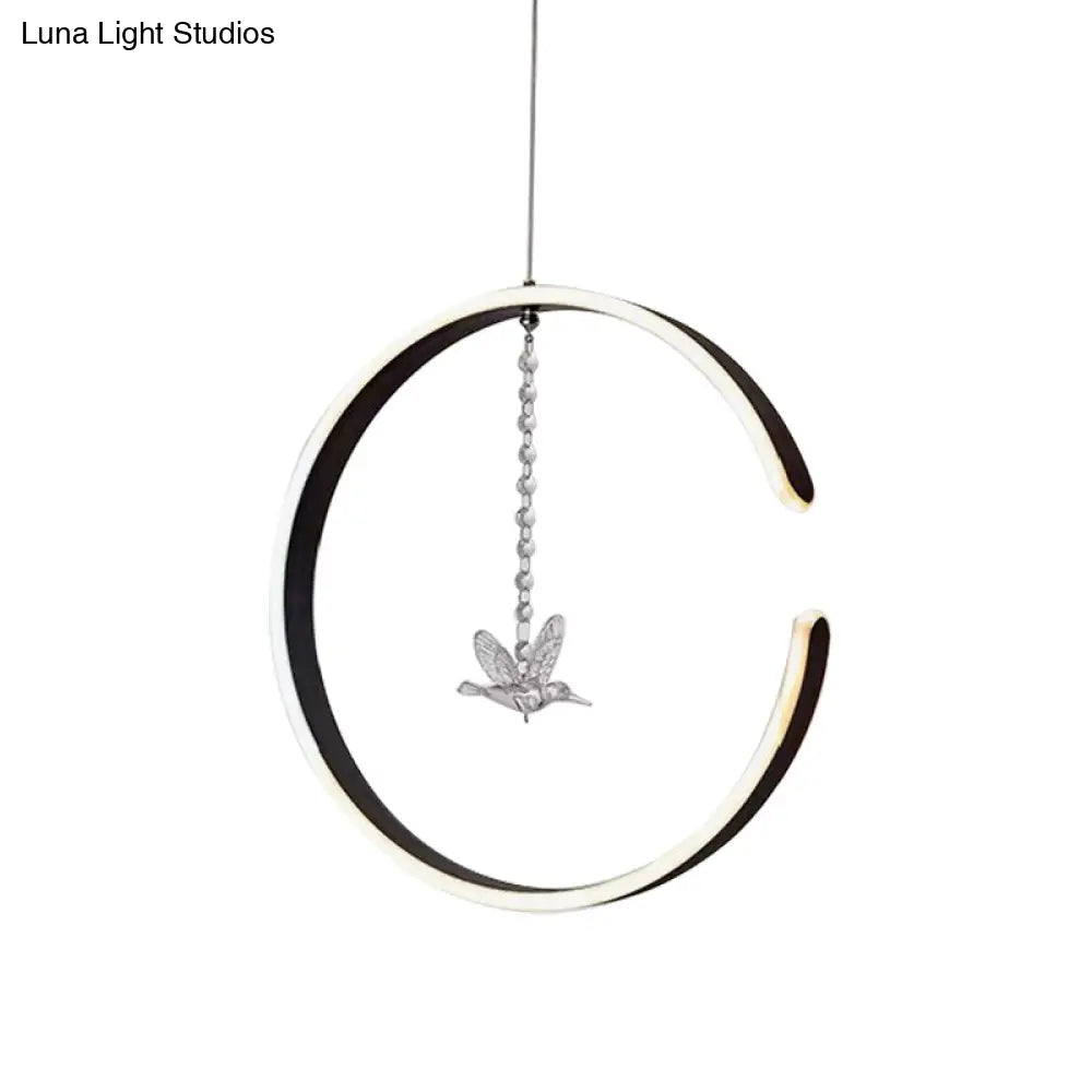 Minimalist Led Pendant Lamp: Acrylic Ring Ceiling Light With Bird Crystal Decor In White/Black