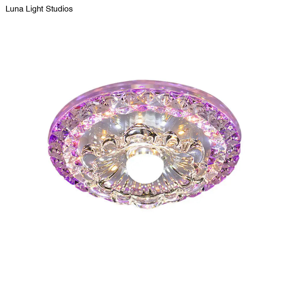 Minimalist Led Purple Porch Flush Mount Lamp With Faceted Crystal Design