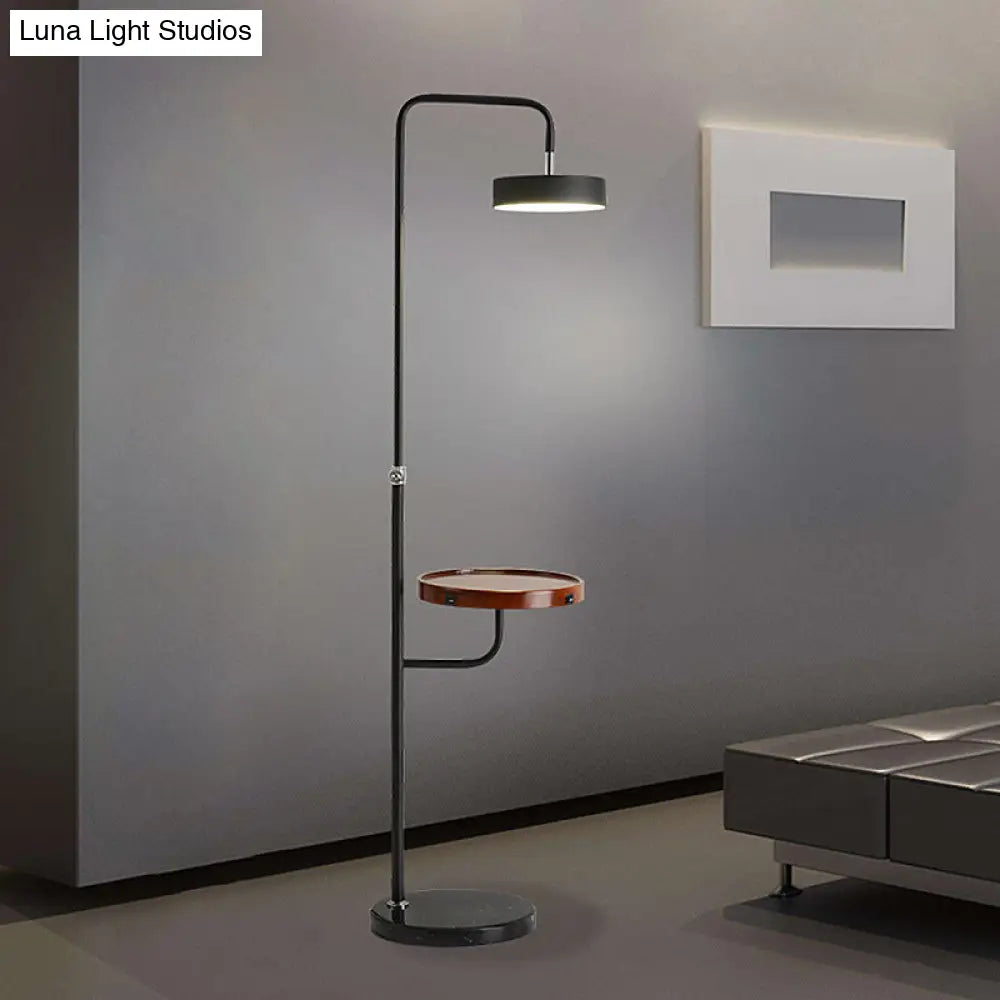 Minimalist Led Round Metal Floor Table Lamp With Angled Arm - White/Black Ideal For Bedroom Lighting