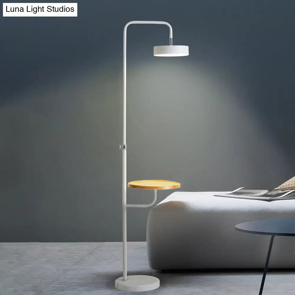 Minimalist Led Round Metal Floor Table Lamp With Angled Arm - White/Black Ideal For Bedroom Lighting