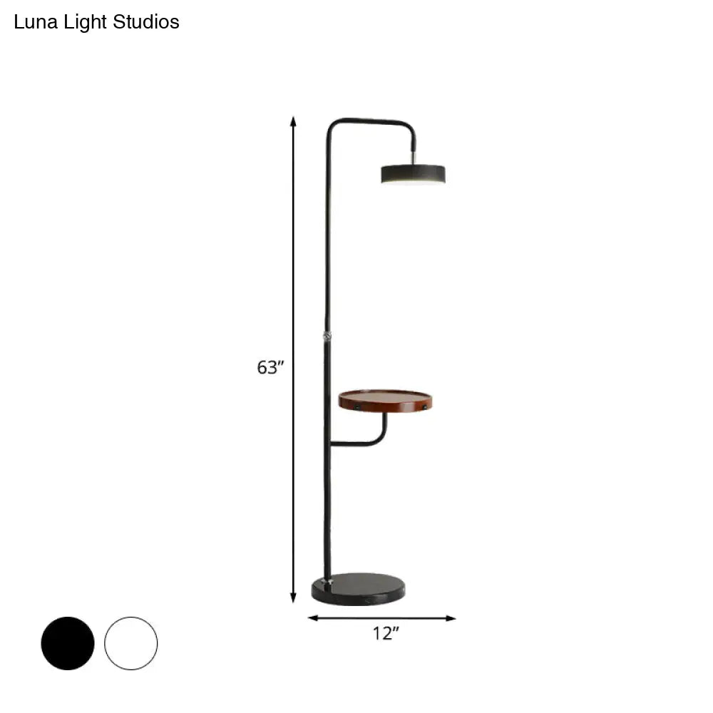 Minimalist Led Round Metal Floor Table Lamp With Angled Arm - White/Black Ideal For Bedroom Lighting