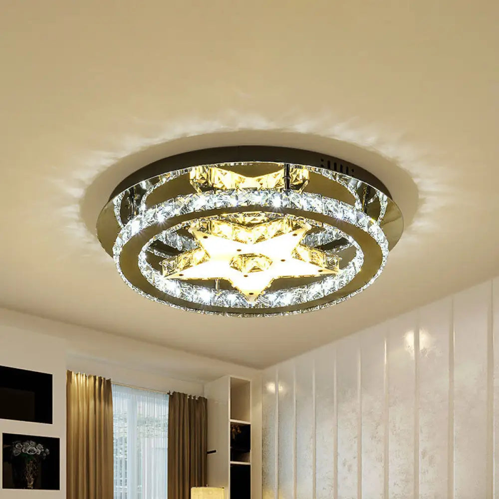 Minimalist Led Star Crystal Flush Ceiling Lamp In Chrome With Hoop Design