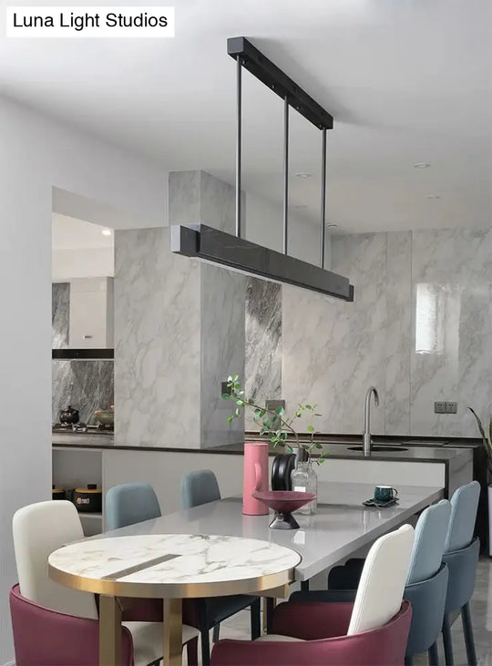 Minimalist Led Suspension Lighting Fixture: Rectangular Island Light With Marble Accent Ideal For