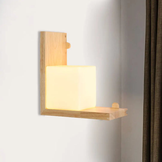 Minimalist Led Wood Panel Wall Sconce With Opal Cube Glass Shade