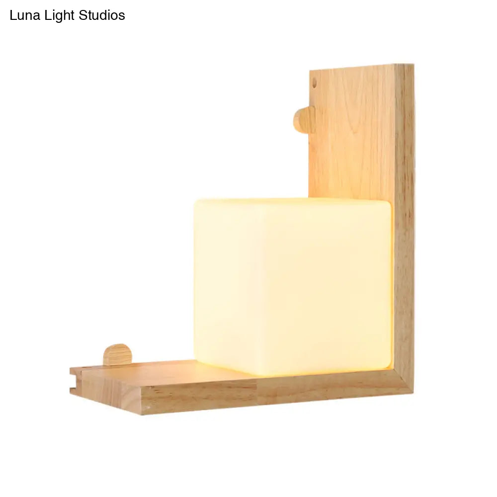 Minimalist Led Wood Panel Wall Sconce With Opal Cube Glass Shade