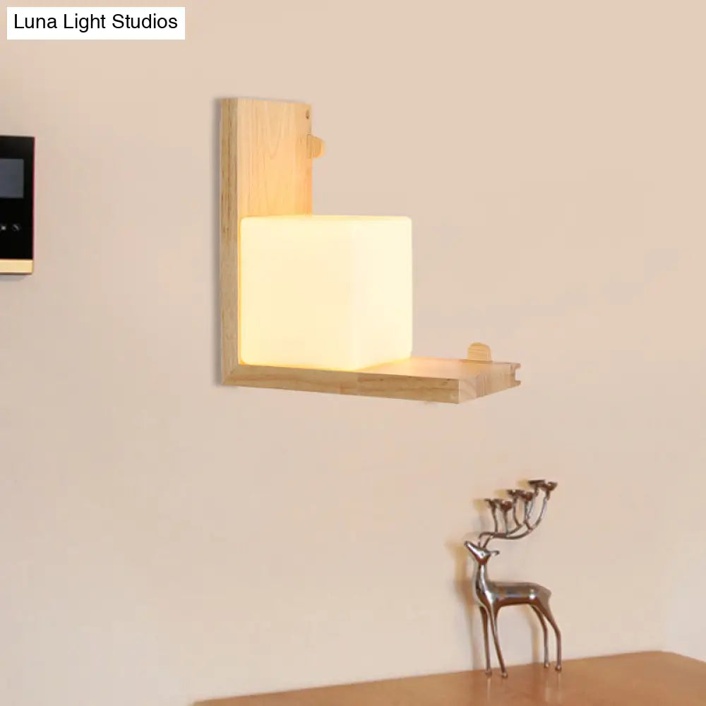 Minimalist Led Wood Panel Wall Sconce With Opal Cube Glass Shade