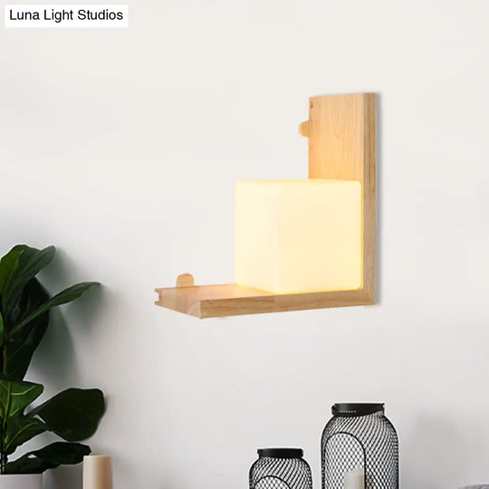 Minimalist Led Wood Panel Wall Sconce With Opal Cube Glass Shade