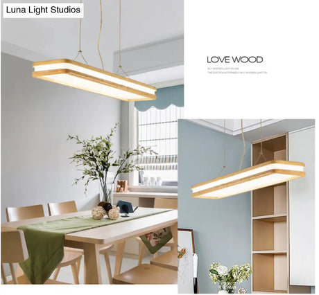 Minimalist Led Wood Rectangular Hanging Island Lamp - Acrylic Ceiling Suspension For Dinners