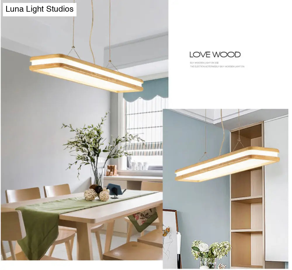 Minimalist Led Wood Rectangular Hanging Island Lamp - Acrylic Ceiling Suspension For Dinners