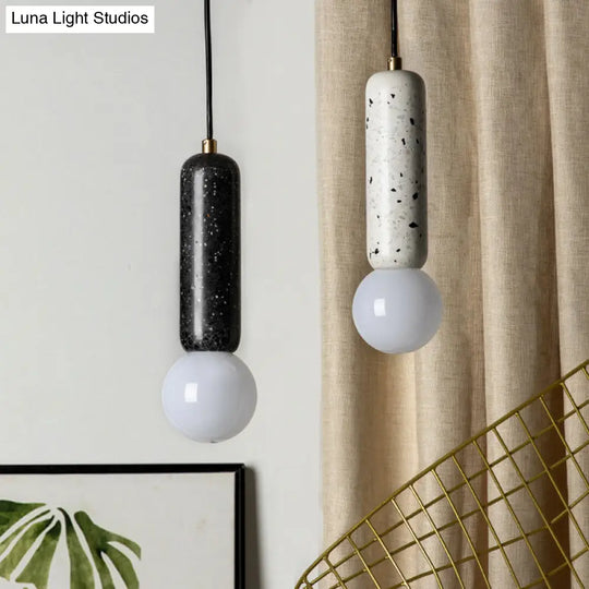 Minimalist Marble Capsule Pendant With Opal Glass Shade - 1 Light Bedside Hanging Lamp In