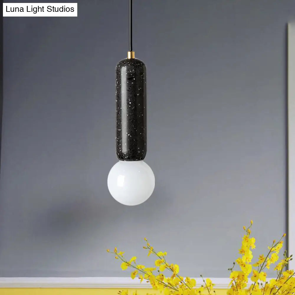 Minimalist Marble Capsule Pendant With Opal Glass Shade - 1 Light Bedside Hanging Lamp In