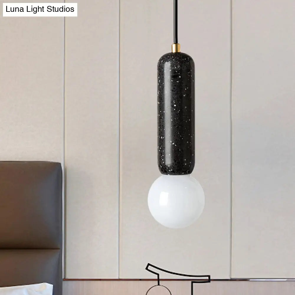 Minimalist Marble Capsule Pendant With Opal Glass Shade - 1 Light Bedside Hanging Lamp In