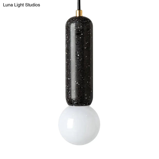 Minimalist Marble Capsule Pendant - Bedside Mini Hanging Lamp With Opal Glass Shade (White/Black)