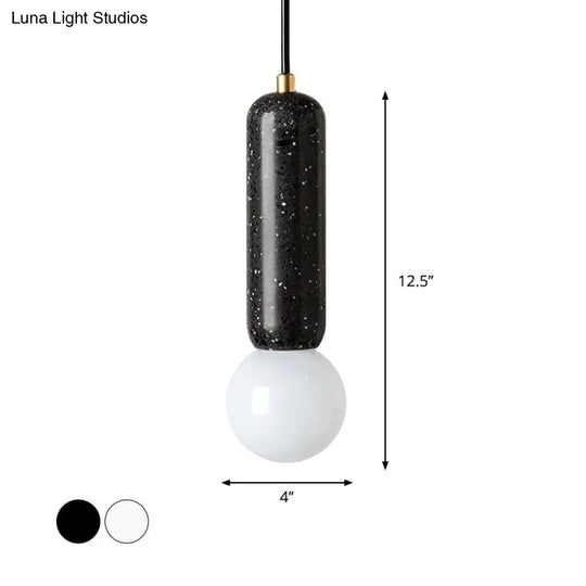 Minimalist Marble Capsule Pendant - Bedside Mini Hanging Lamp With Opal Glass Shade (White/Black)