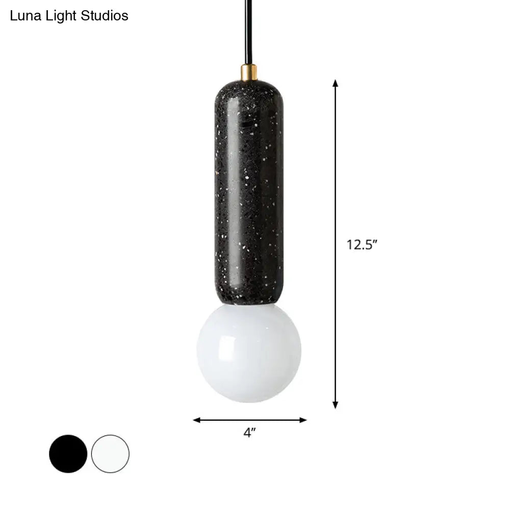 Minimalist Marble Capsule Pendant With Opal Glass Shade - 1 Light Bedside Hanging Lamp In