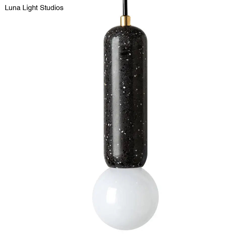 Minimalist Marble Capsule Pendant With Opal Glass Shade - 1 Light Bedside Hanging Lamp In