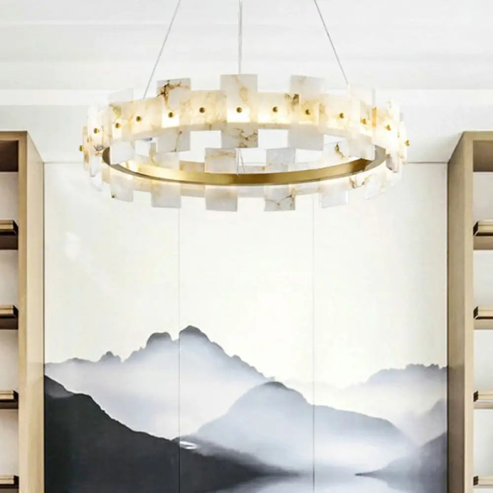 Minimalist Marble Circle Hanging Lamp - White & Brass Led Pendant Light For Dining Room