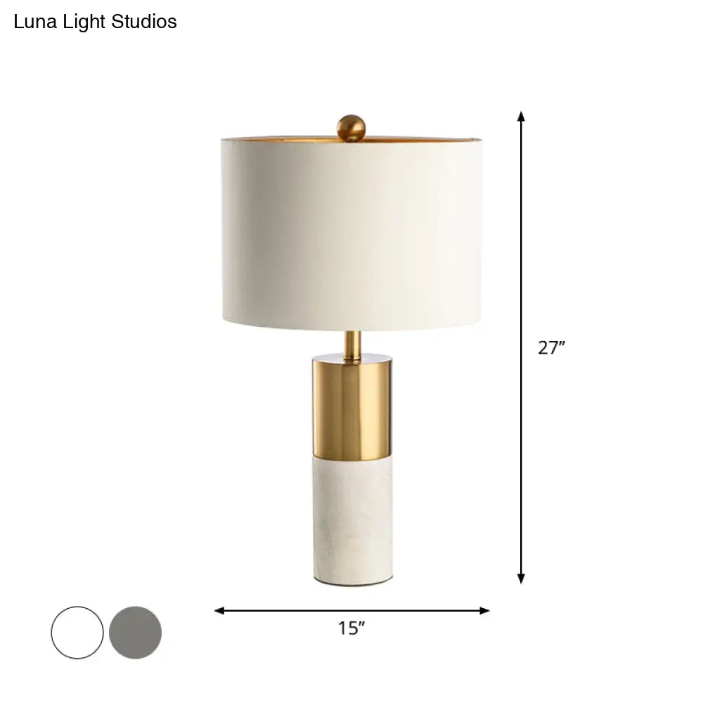 Minimalist Marble Cylindrical Table Light 1-Head Brass And Grey/White Night Lamp With Fabric