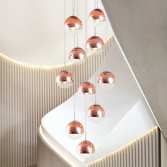 Minimalist Metal 10-Light Rose Gold Stair Cluster Pendant Ceiling Light Red