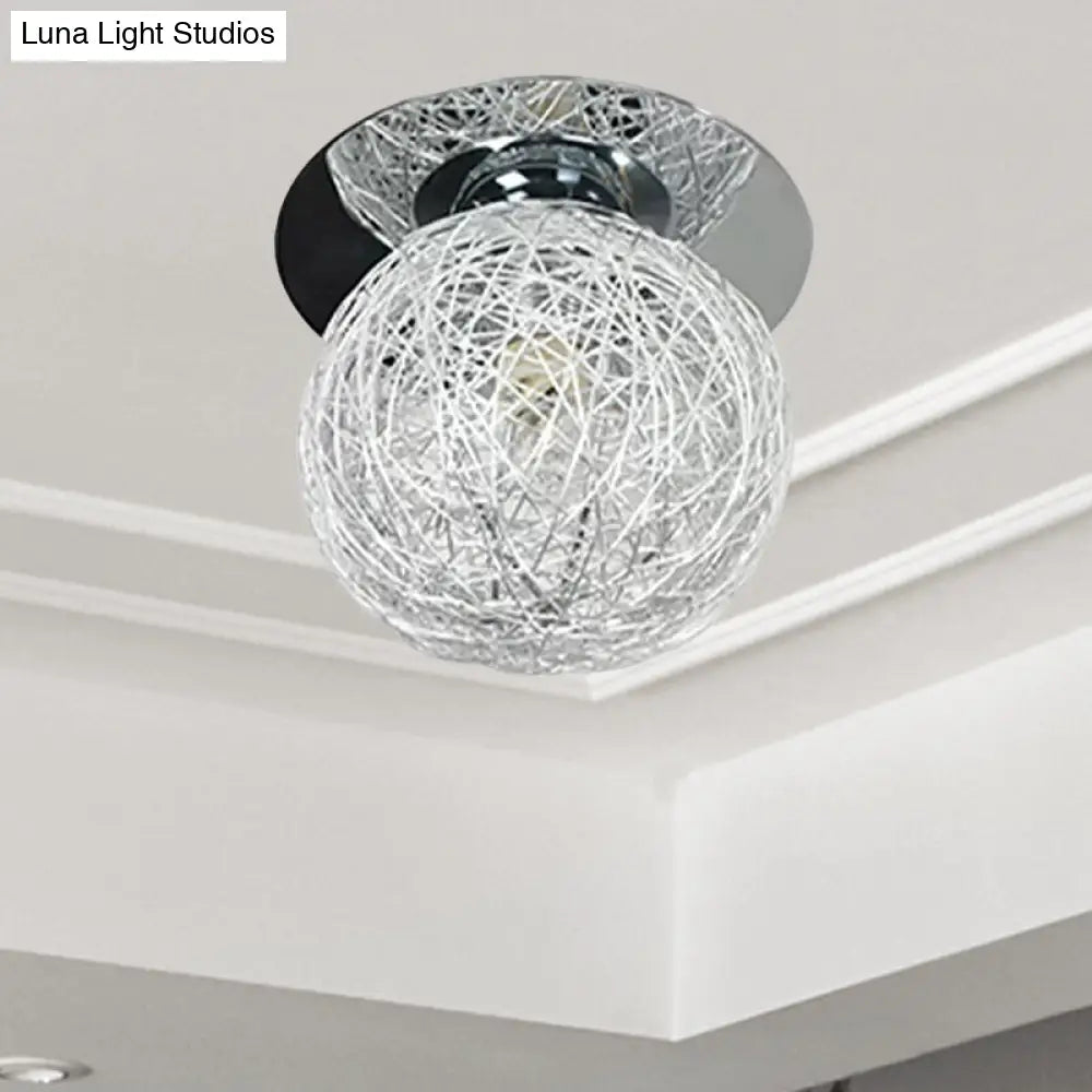 Minimalist Metal And Handwoven Globe Flush Mount Ceiling Lamp With White Shade