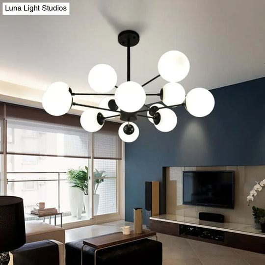 Minimalist Metal Chandelier: Modern Hanging Pendant With 12 Orb Opal Glass Shades In Black