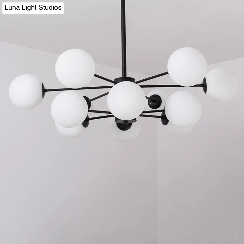 Minimalist Metal Chandelier: Modern Hanging Pendant With 12 Orb Opal Glass Shades In Black