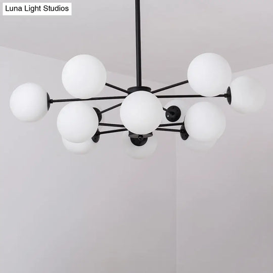 Minimalist Metal Chandelier: Modern Hanging Pendant With 12 Orb Opal Glass Shades In Black