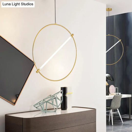 Minimalist Metal Circle Hanging Light - Gold 1-Head Suspended Lighting Fixture 16’/23.5’ Wide