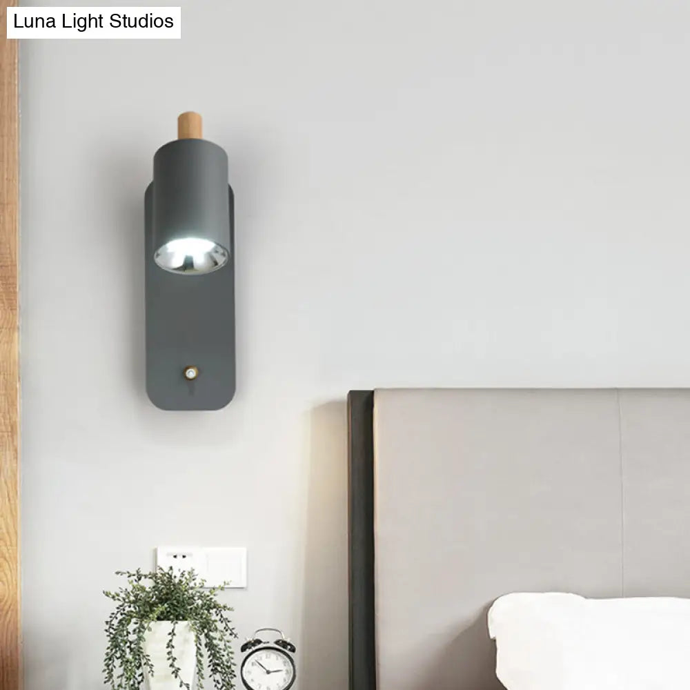 Minimalist Metal Cylinder Wall Sconce With Wood Cap And 1 Light In White/Grey