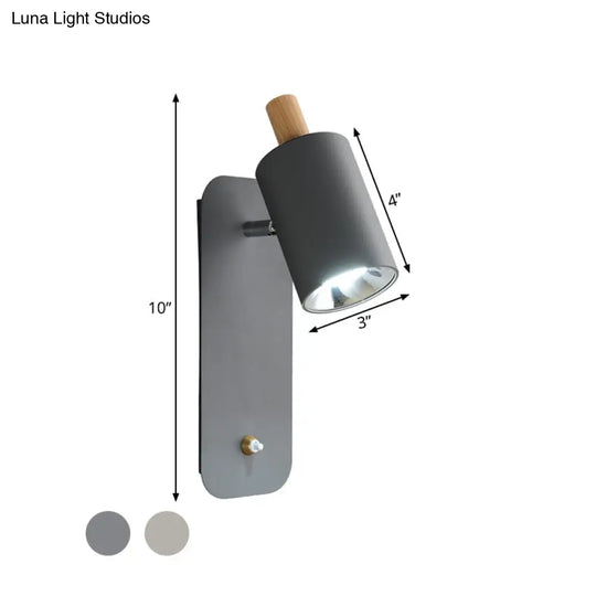 Minimalist Metal Cylinder Wall Sconce With Wood Cap And 1 Light In White/Grey