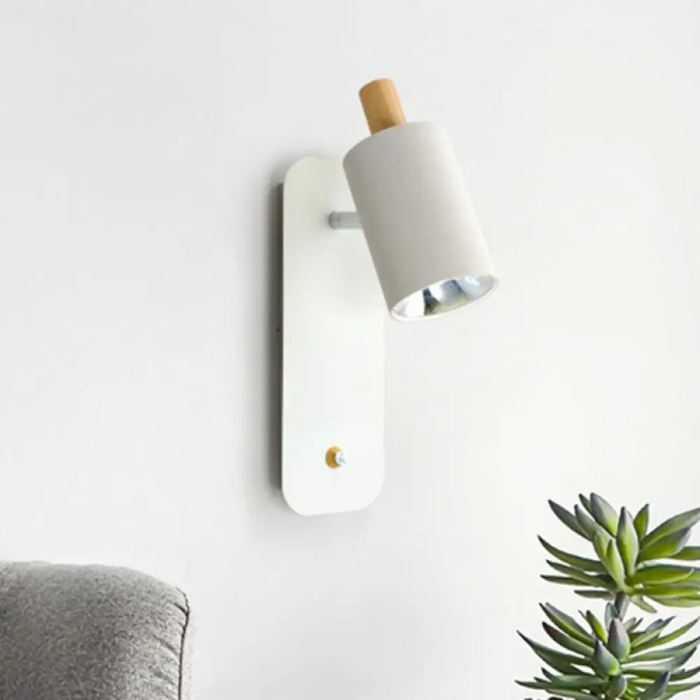 Minimalist Metal Cylinder Wall Sconce With Wood Cap And 1 Light In White/Grey White