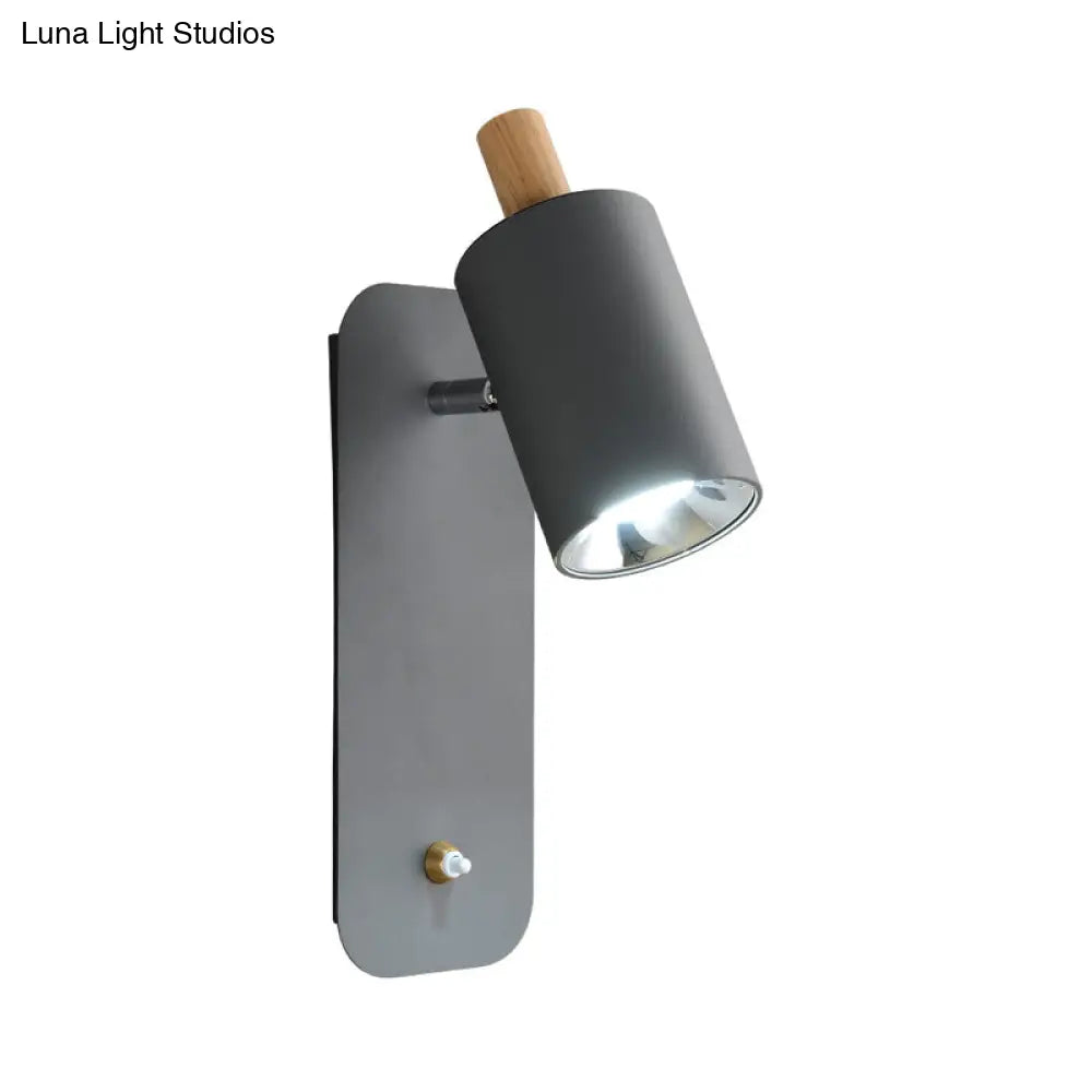 Minimalist Metal Cylinder Wall Sconce With Wood Cap And 1 Light In White/Grey