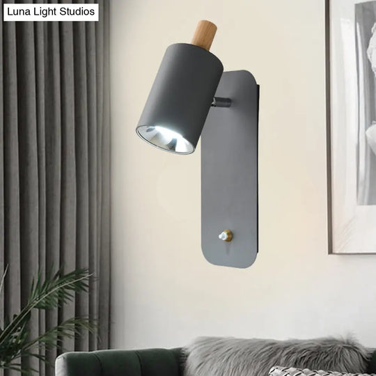 Minimalist Metal Cylinder Wall Sconce With Wood Cap And 1 Light In White/Grey