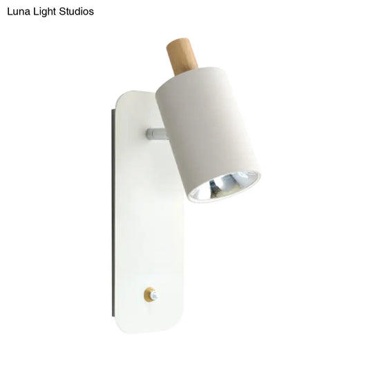 Minimalist Metal Cylinder Wall Sconce With Wood Cap And 1 Light In White/Grey